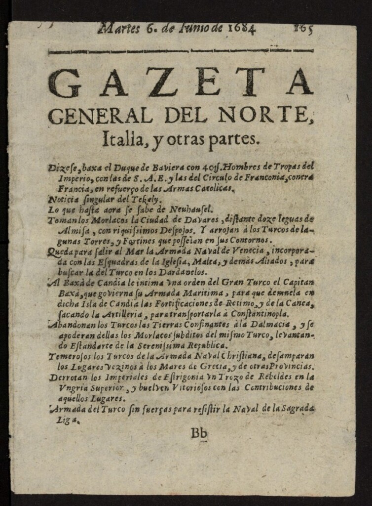 Miniatura de Gazeta General del Norte, Italia, y Otras Partes del 6 de junio de 1684
