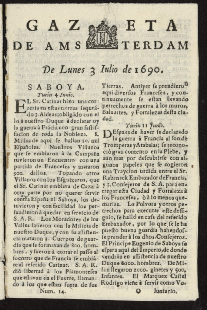 Miniatura de Gazeta Española de Ámsterdam del 3 de julio de 1690, nº 14
