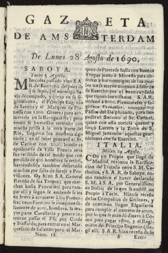 Miniatura de Gazeta Española de Ámsterdam del 28 de agosto de 1690, nº 18