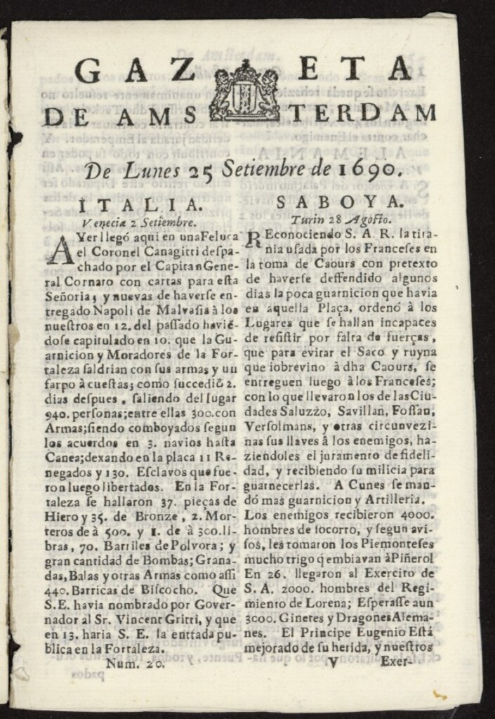Miniatura de Gazeta Española de Ámsterdam del 25 de septiembre de 1690, nº 20