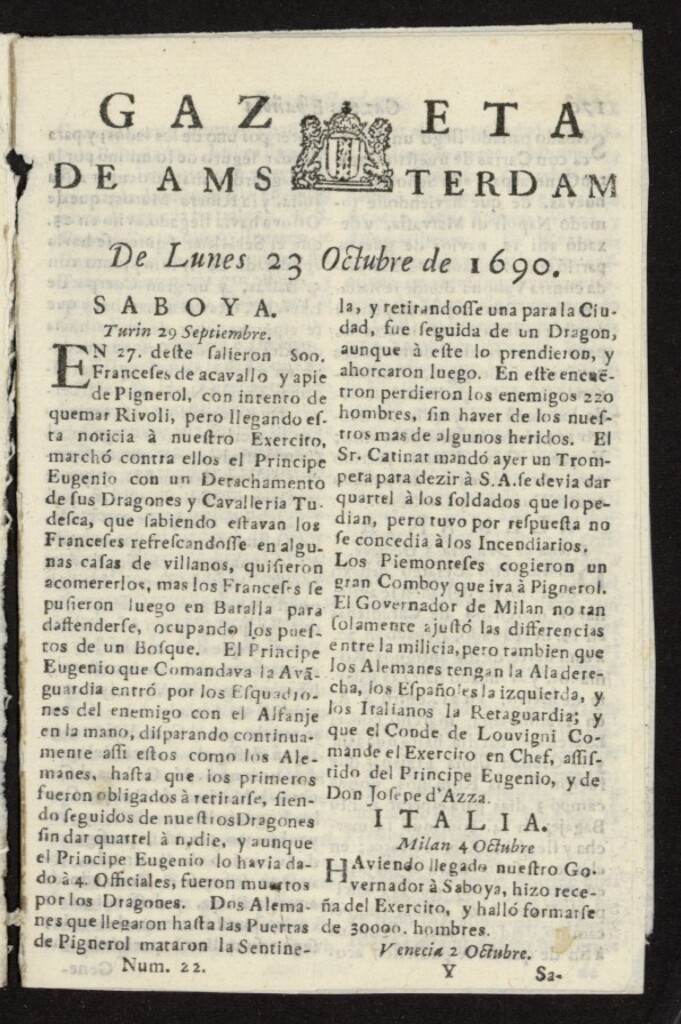 Miniatura de Gazeta Española de Ámsterdam del 23 de octubre de 1690, nº 22