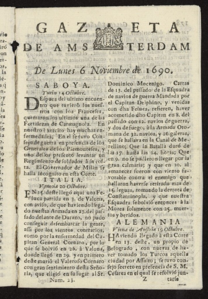Miniatura de Gazeta Española de Ámsterdam del 6 de noviembre de 1690, nº 23