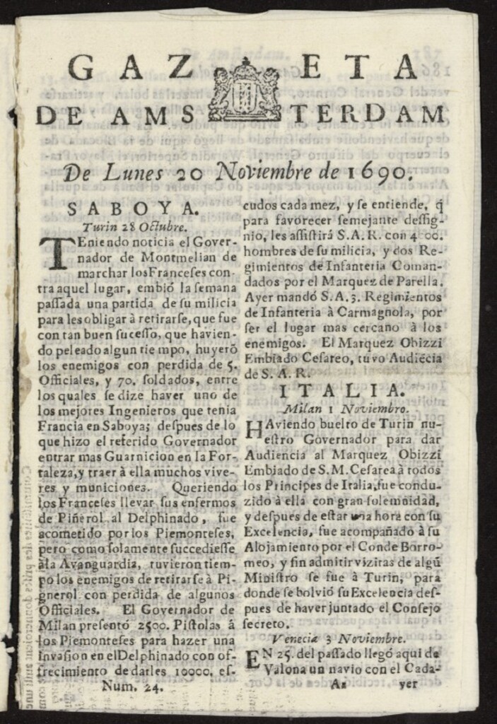 Miniatura de Gazeta Española de Ámsterdam del 20 de noviembre de 1690, nº 24