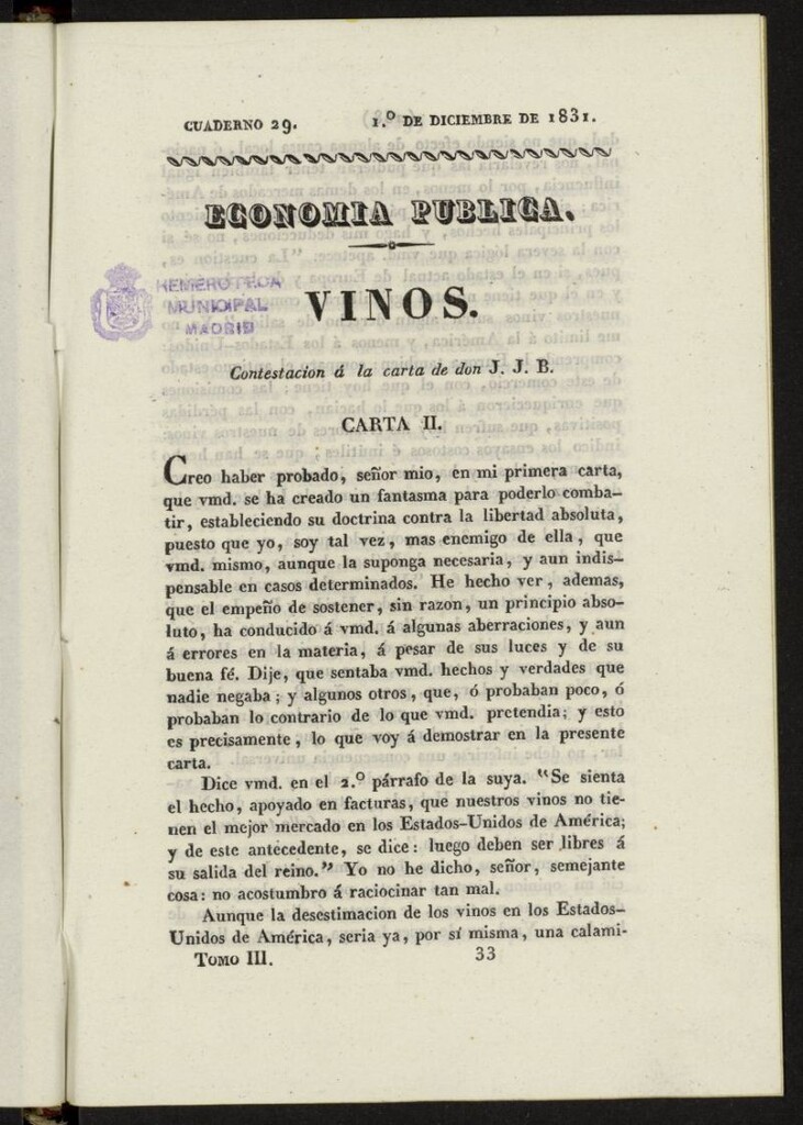 Miniatura de Cartas Españolas del 1 de diciembre de 1831, cuaderno 29
