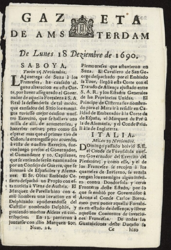 Miniatura de Gazeta Española de Ámsterdam del 18 de diciembre de 1690, nº 26