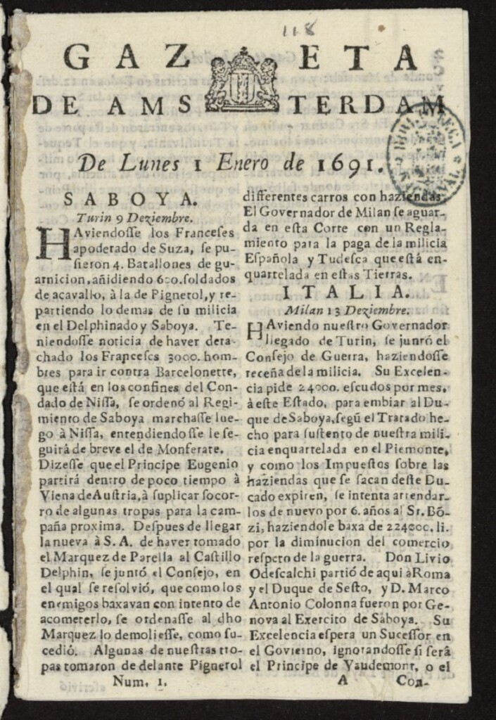 Miniatura de Gazeta Española de Ámsterdam del 1 de enero de 1691, nº 1