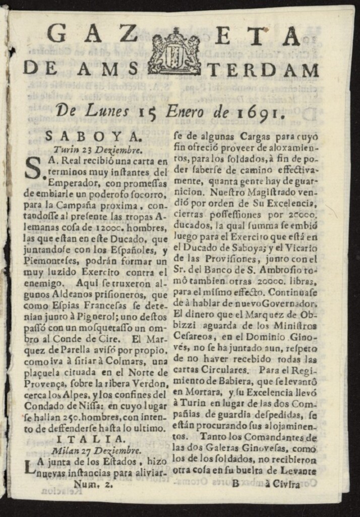 Miniatura de Gazeta Española de Ámsterdam del 15 de enero de 1691, nº 2