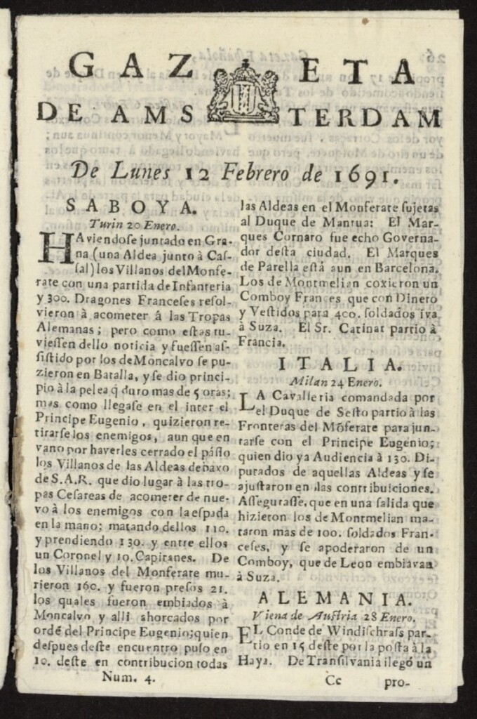 Miniatura de Gazeta Española de Ámsterdam del 12 de febrero de 1691, nº 4