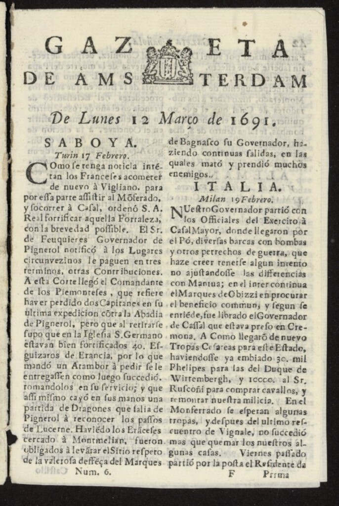 Miniatura de Gazeta Española de Ámsterdam del 12 de marzo de 1691, nº 6