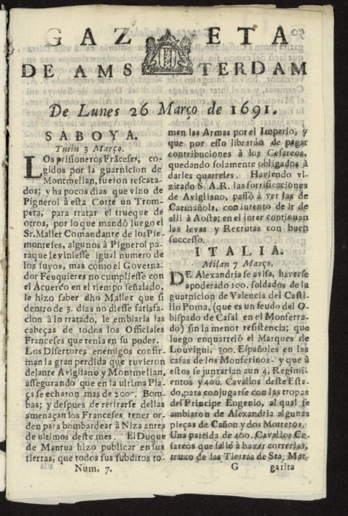 Miniatura de Gazeta Española de Ámsterdam del 26 de marzo de 1691, nº 7