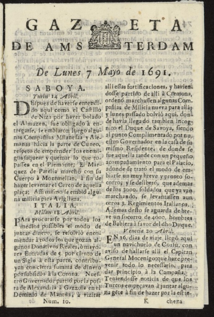 Miniatura de Gazeta Española de Ámsterdam del 7 de mayo de 1691, nº 10