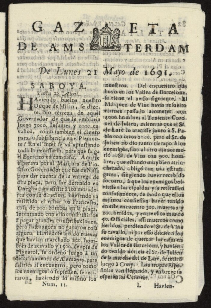 Miniatura de Gazeta Española de Ámsterdam del 21 de mayo de 1691, nº 11