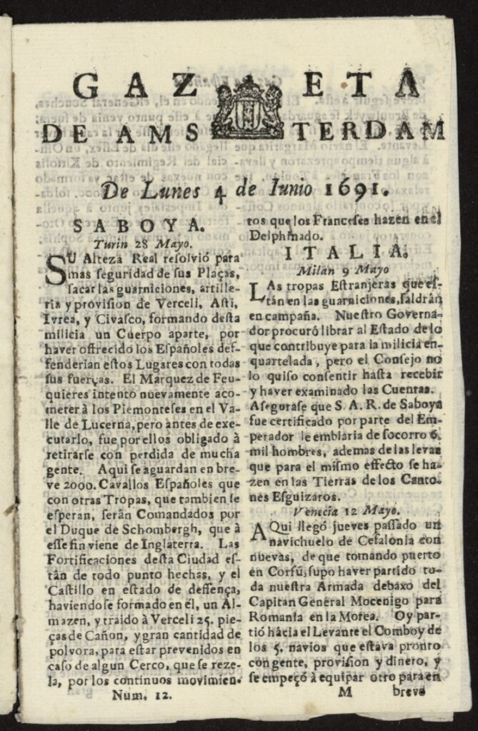 Miniatura de Gazeta Española de Ámsterdam del 4 de junio de 1691, nº 12