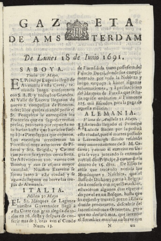 Miniatura de Gazeta Española de Ámsterdam del 18 de junio de 1691, nº 13