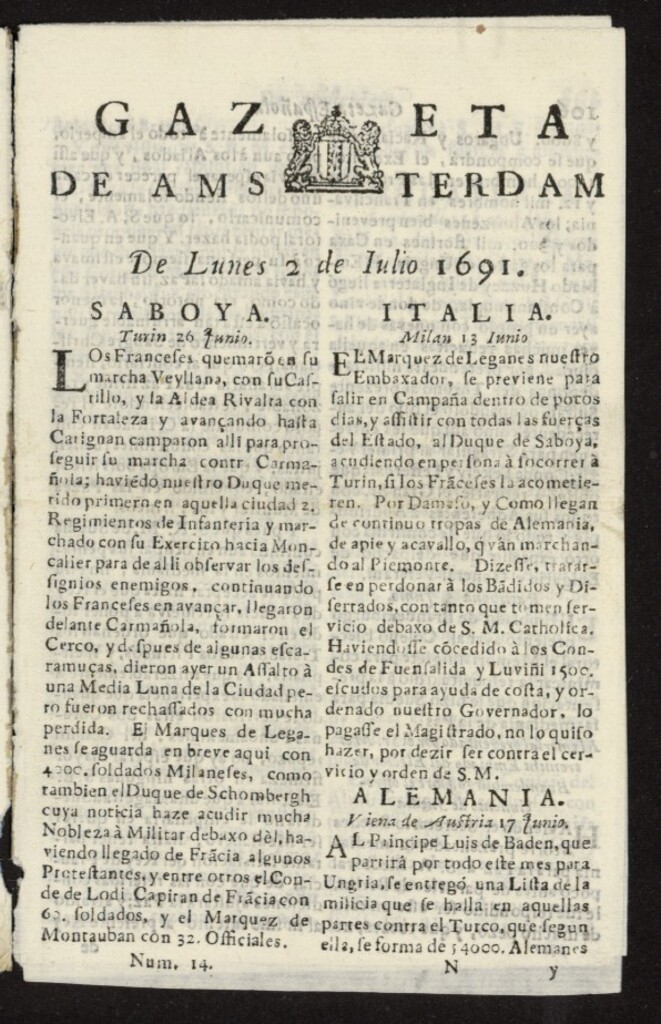 Miniatura de Gazeta Española de Ámsterdam del 2 de julio de 1691, nº 14