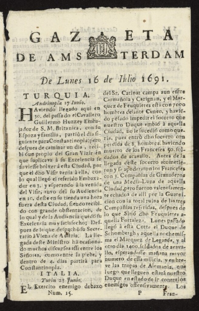 Miniatura de Gazeta Española de Ámsterdam del 16 de julio de 1691, nº 15