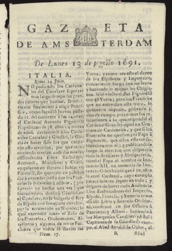 Miniatura de Gazeta Española de Ámsterdam del 13 de agosto de 1691, nº 17