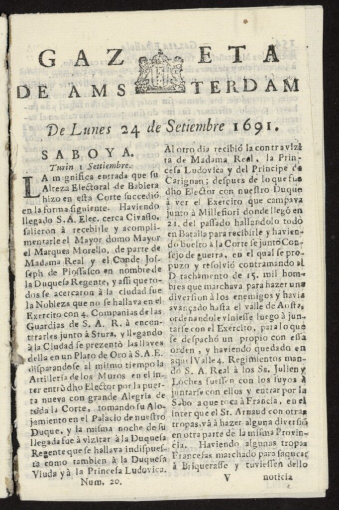 Miniatura de Gazeta Española de Ámsterdam del 24 de septiembre de 1691, nº 20
