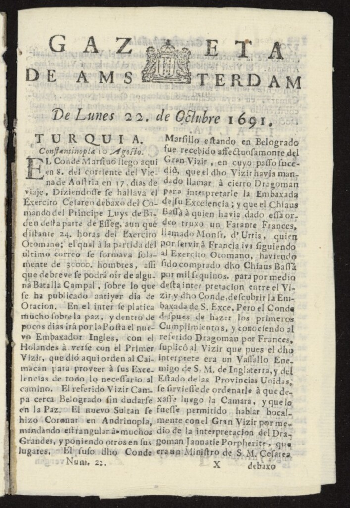 Miniatura de Gazeta Española de Ámsterdam del 22 de octubre de 1691, nº 22