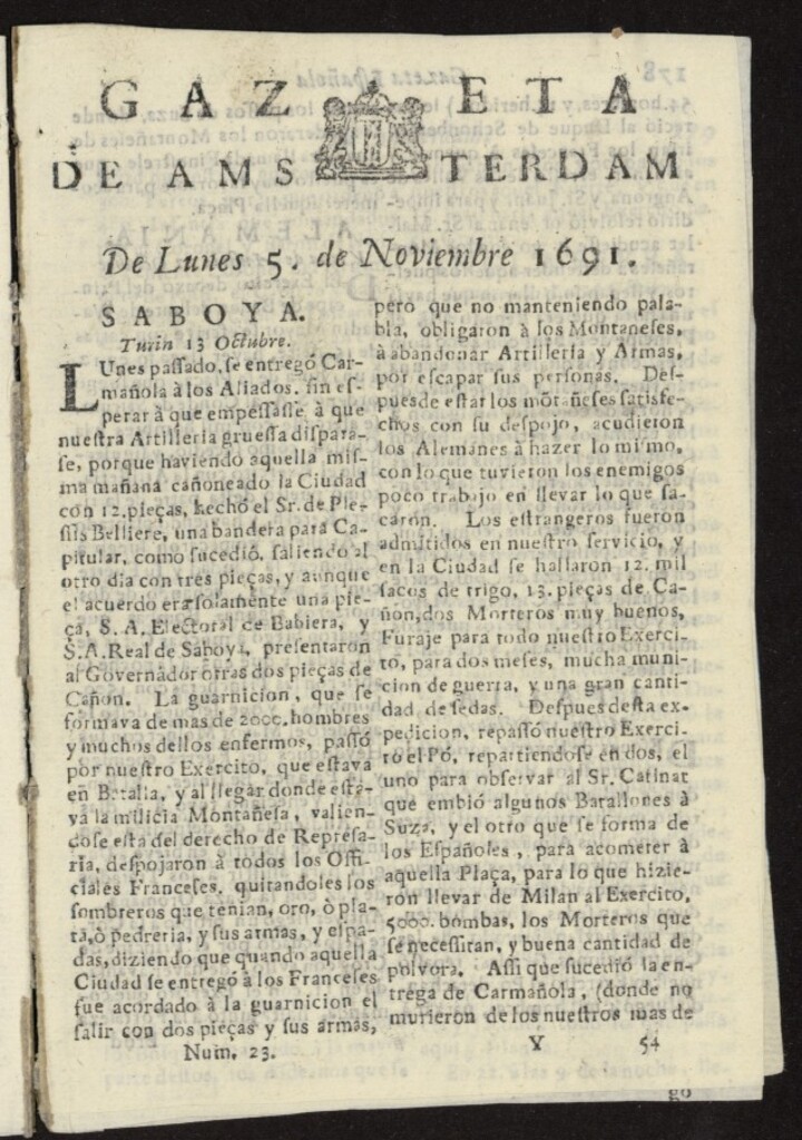 Miniatura de Gazeta Española de Ámsterdam del 5 de noviembre de 1691, nº 23