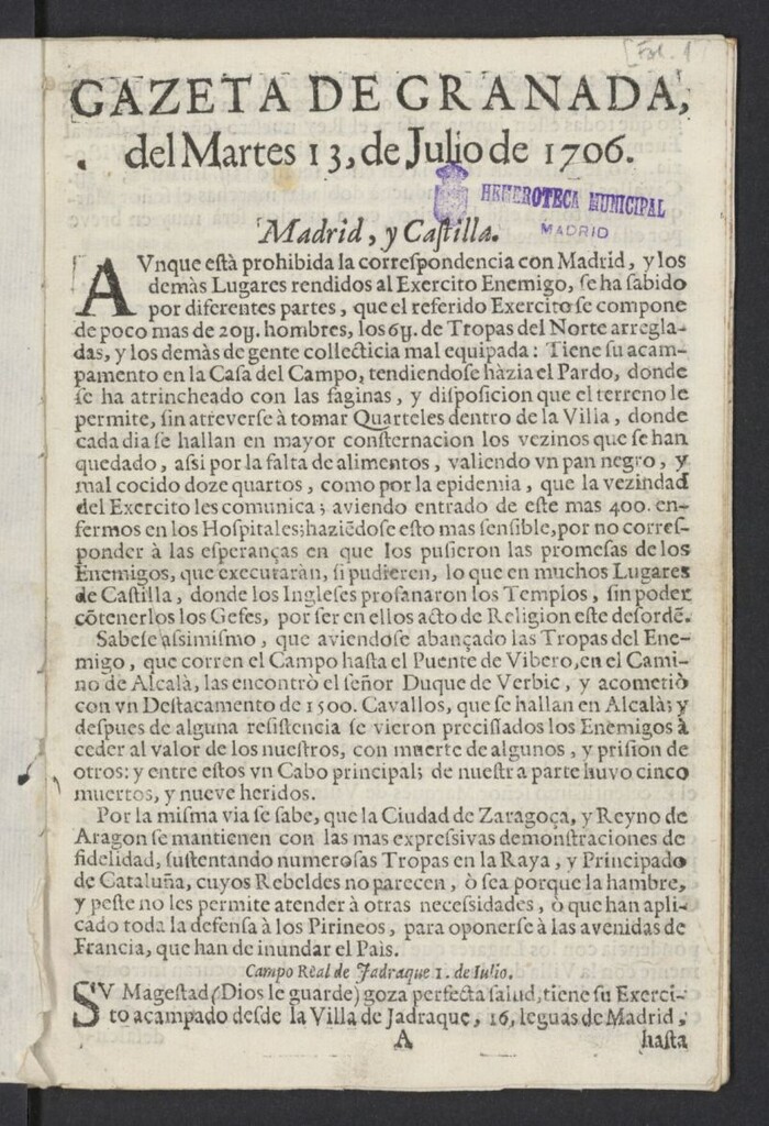 Miniatura de Gazeta de Granada del 13 de julio de 1706, nº 1