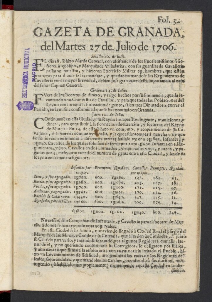 Miniatura de Gazeta de Granada del 27 de julio de 1706, nº 3