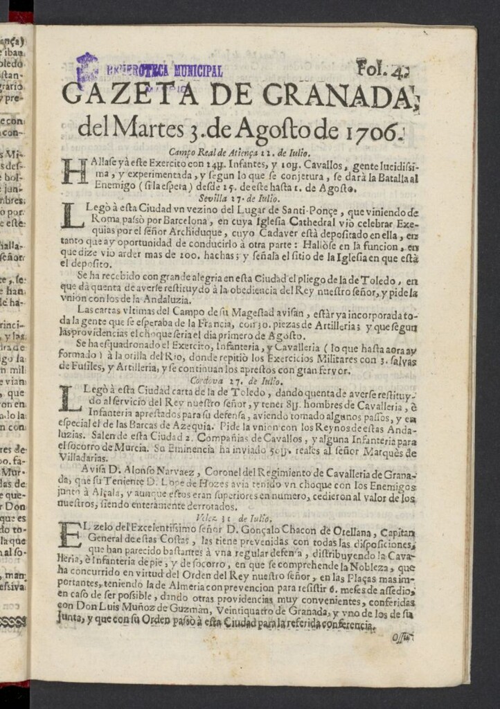 Miniatura de Gazeta de Granada del 3 de agosto de 1706, nº 4