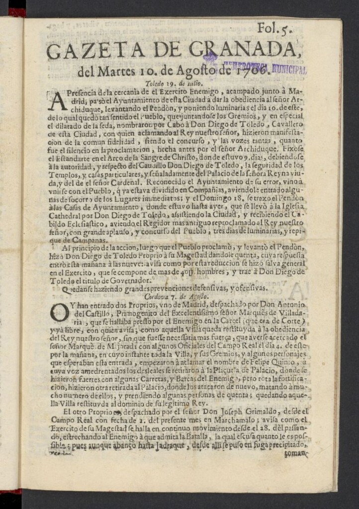 Miniatura de Gazeta de Granada del 10 de agosto de 1706, nº 5