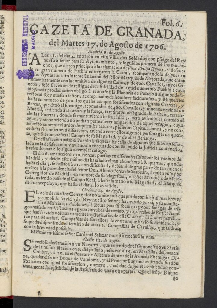 Miniatura de Gazeta de Granada del 17 de agosto de 1706, nº 6