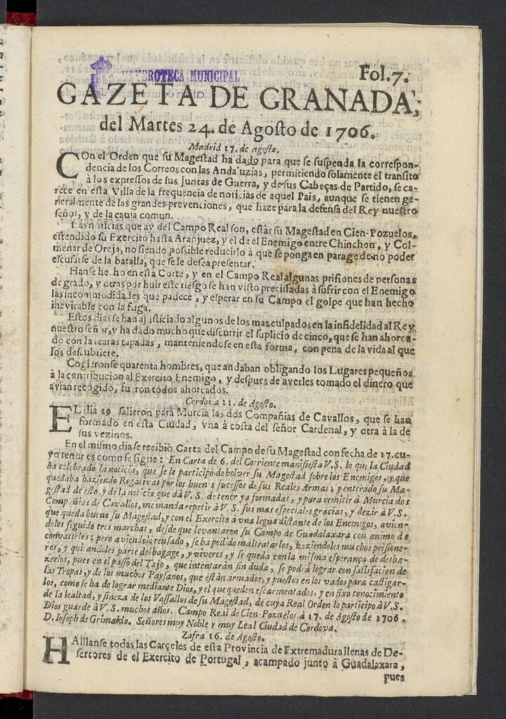 Miniatura de Gazeta de Granada del 24 de agosto de 1706, nº 7