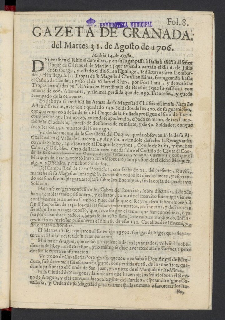 Miniatura de Gazeta de Granada del 31 de agosto de 1706, nº 8
