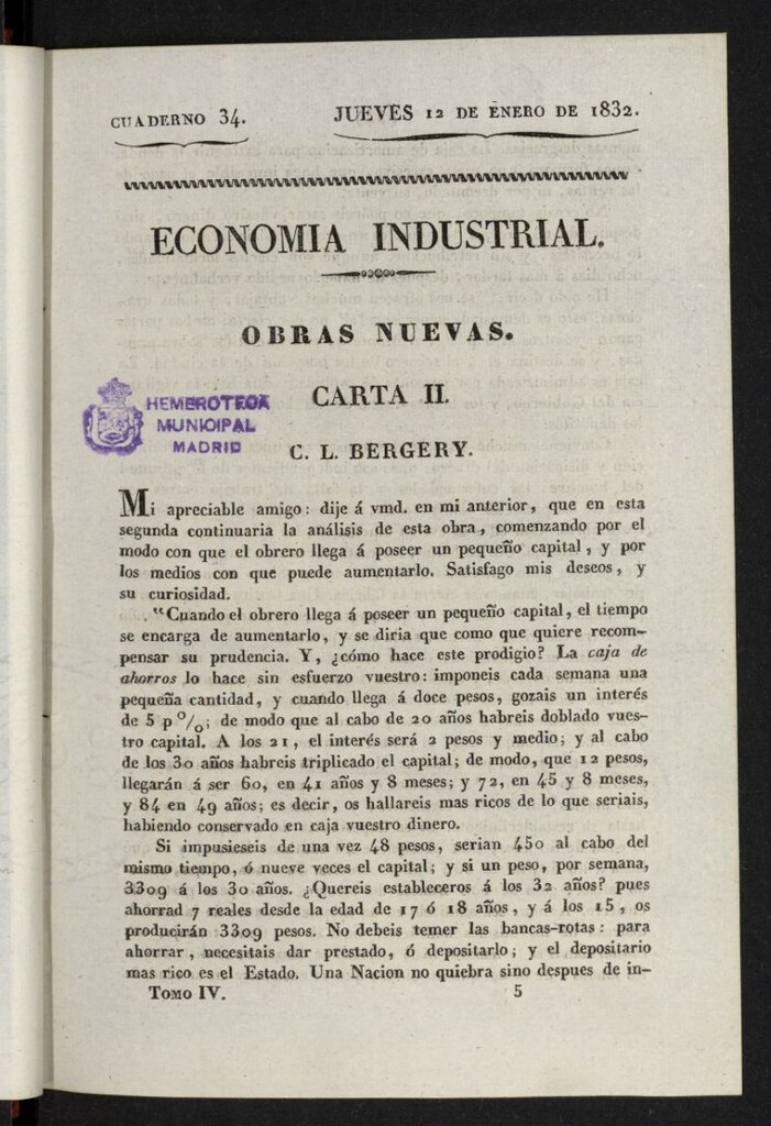 Miniatura de Cartas Españolas del 12 de enero de 1832, cuaderno 34