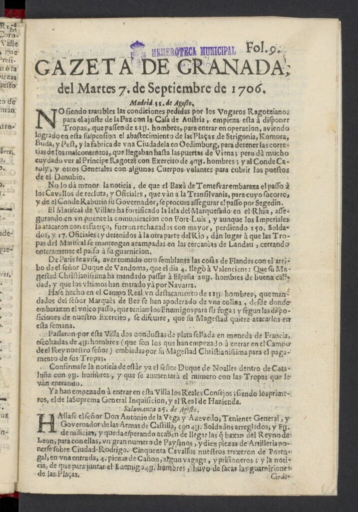 Miniatura de Gazeta de Granada del 7 de septiembre de 1706, nº 9