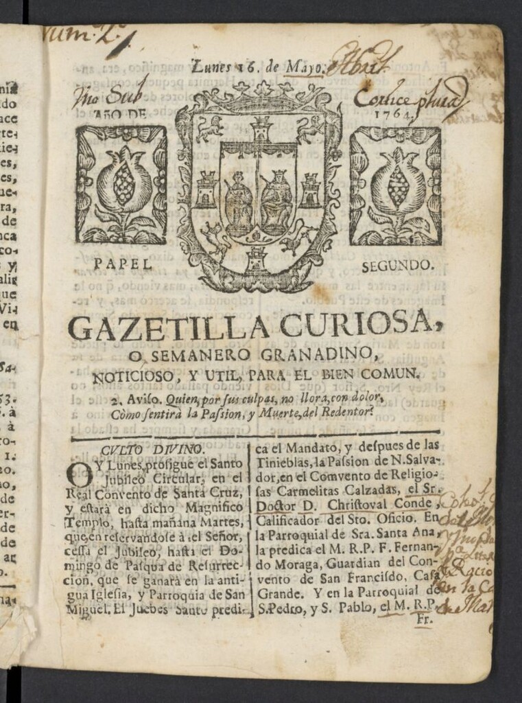 Miniatura de Gazetilla Curiosa o Semanero granadino noticioso del 16 de abril [sic] de 1764, nº 2