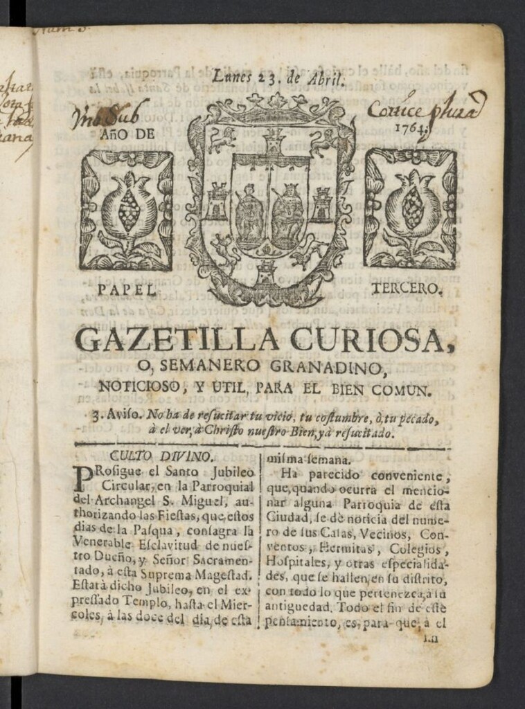 Miniatura de Gazetilla Curiosa o Semanero granadino noticioso del 23 de abril de 1764, nº 3