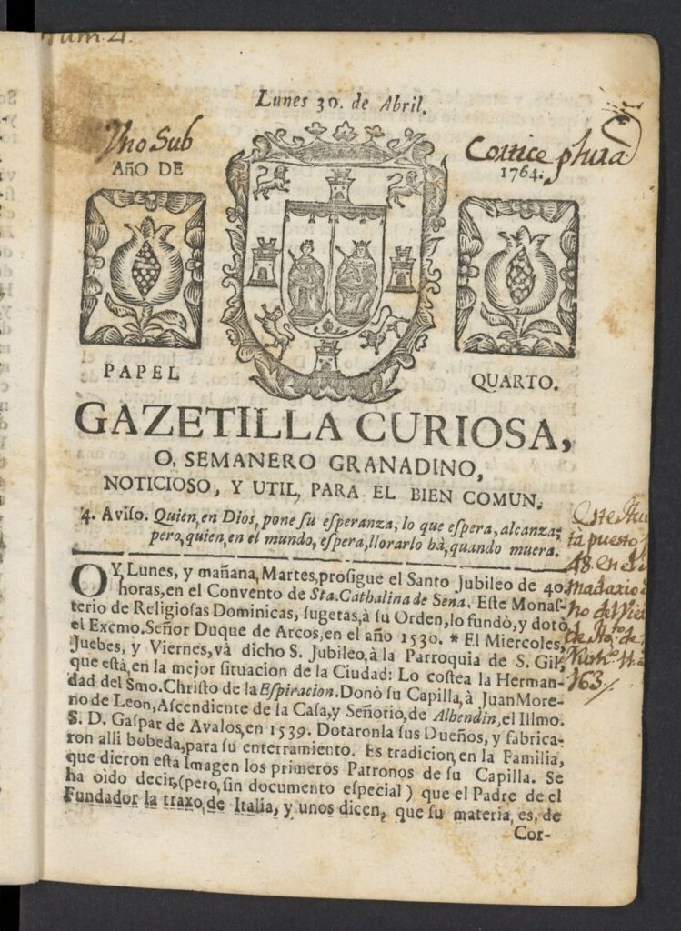 Miniatura de Gazetilla Curiosa o Semanero granadino noticioso del 30 de abril de 1764, nº 4