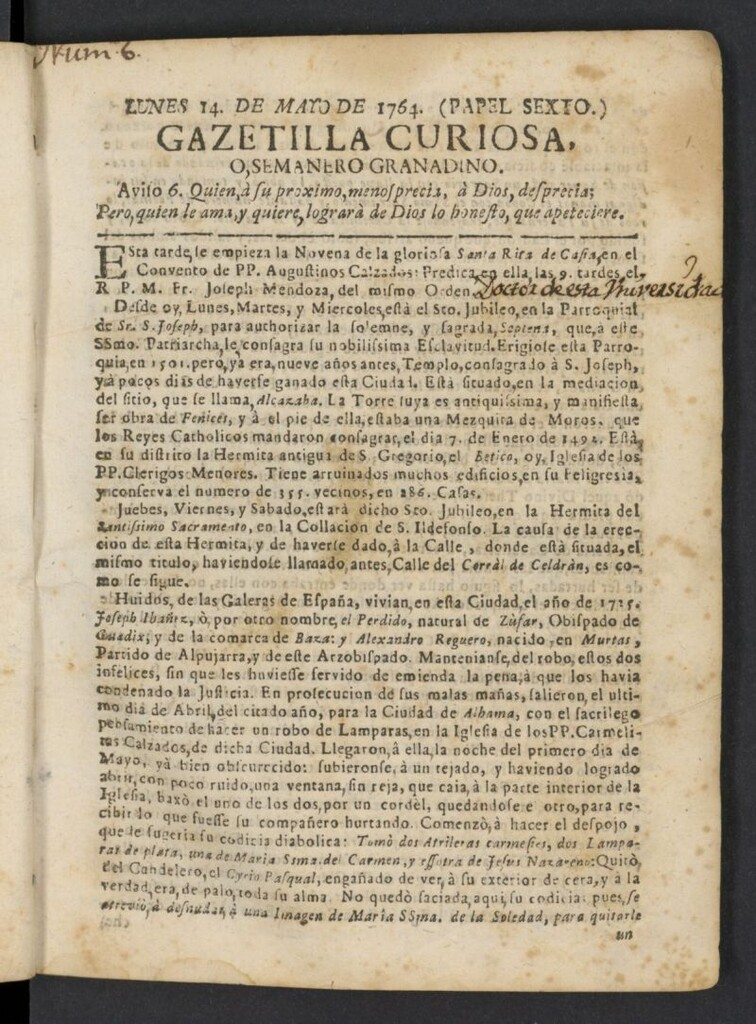 Miniatura de Gazetilla Curiosa o Semanero granadino noticioso del 14 de mayo de 1764, nº 6