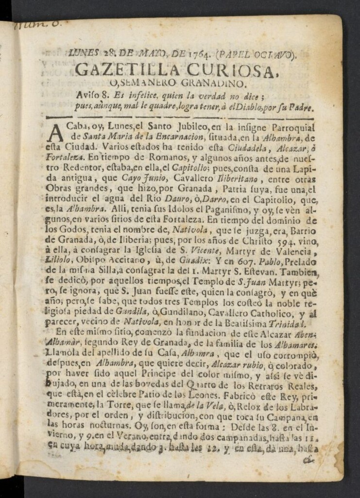 Miniatura de Gazetilla Curiosa o Semanero granadino noticioso del 28 de mayo de 1764, nº 8