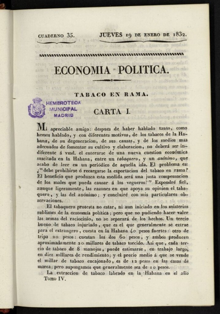 Miniatura de Cartas Españolas del 19 de enero de 1832, cuaderno 35