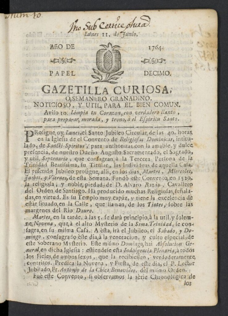 Miniatura de Gazetilla Curiosa o Semanero granadino noticioso del 11 de junio de 1764, nº 10