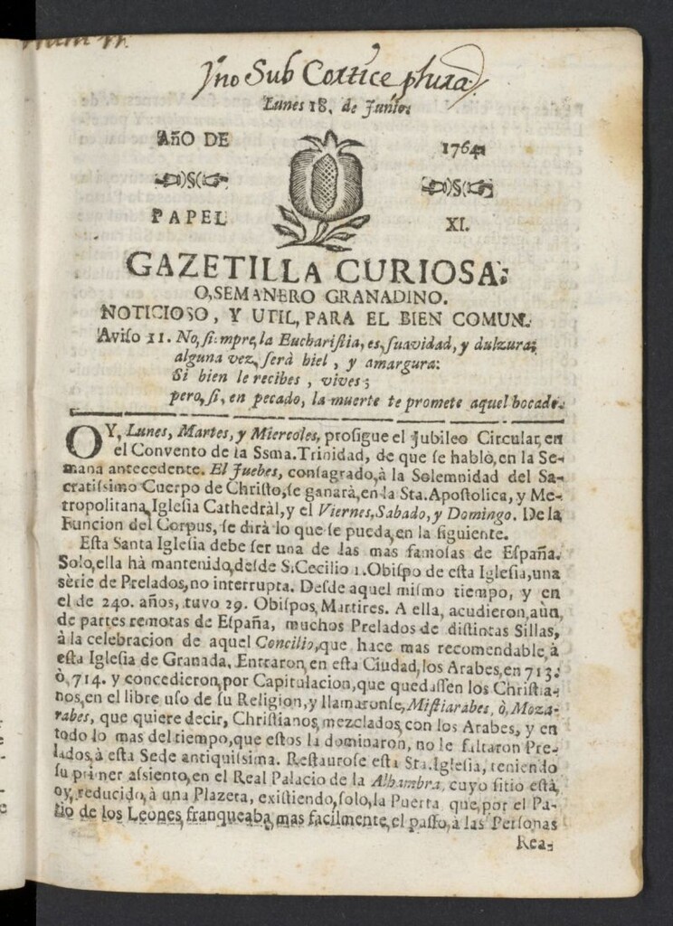 Miniatura de Gazetilla Curiosa o Semanero granadino noticioso del 18 de junio de 1764, nº 11