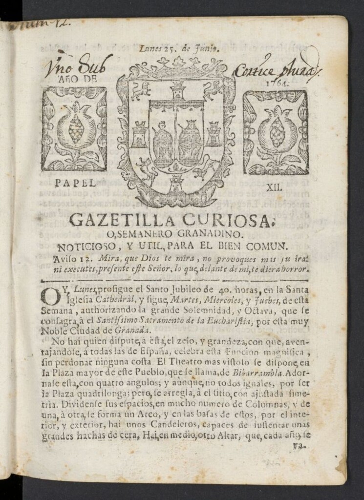 Miniatura de Gazetilla Curiosa o Semanero granadino noticioso del 25 de junio de 1764, nº 12