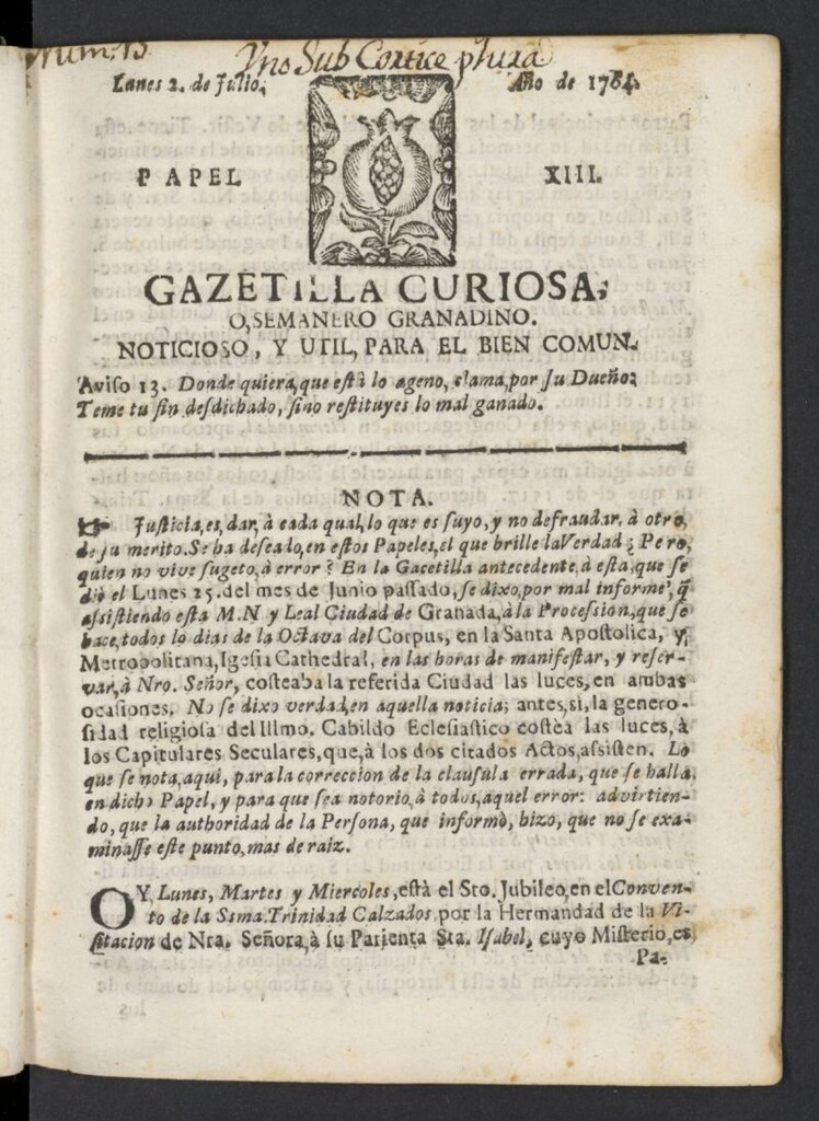 Miniatura de Gazetilla Curiosa o Semanero granadino noticioso del 2 de julio de 1764, nº 13