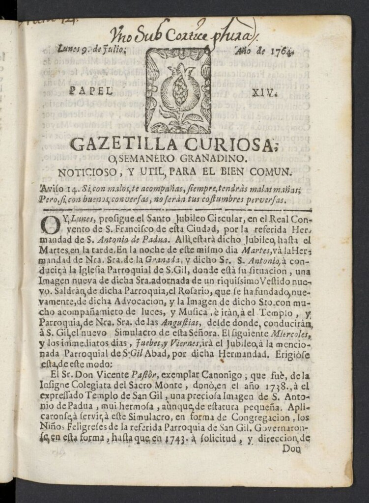 Miniatura de Gazetilla Curiosa o Semanero granadino noticioso del 9 de julio de 1764, nº 14