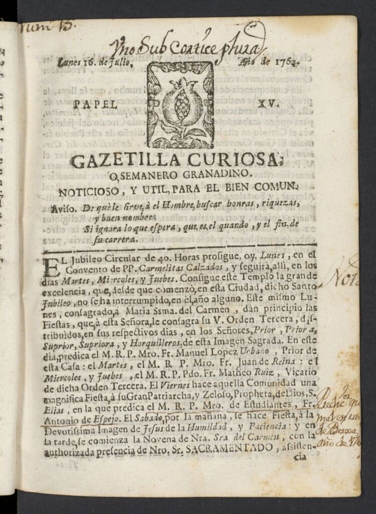 Miniatura de Gazetilla Curiosa o Semanero granadino noticioso del 16 de julio de 1764, nº 15