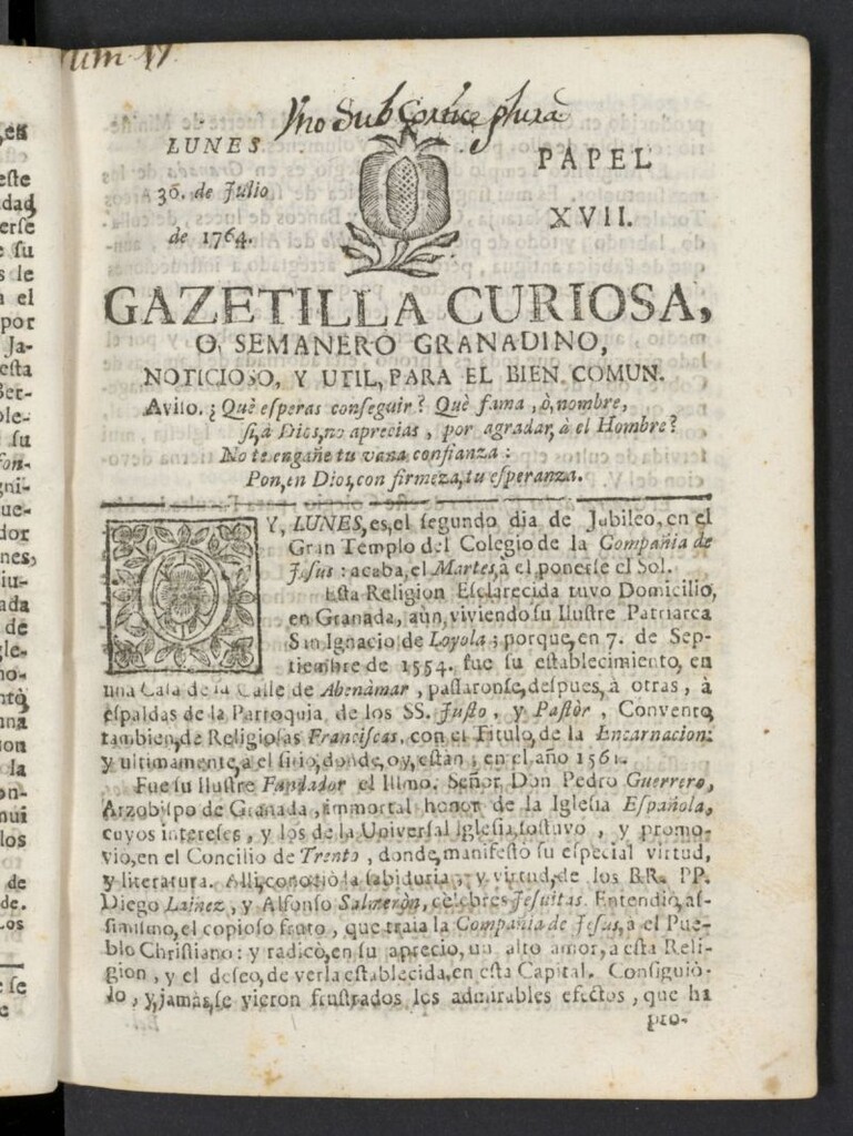 Miniatura de Gazetilla Curiosa o Semanero granadino noticioso del 30 de julio de 1764, nº 17