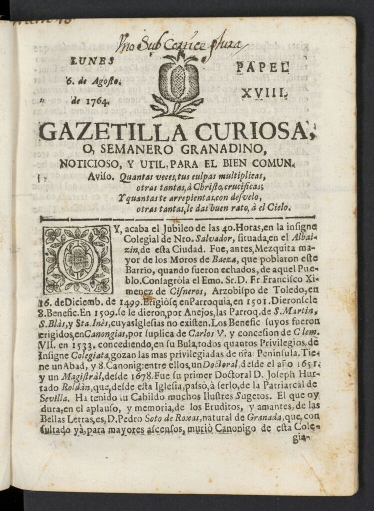 Miniatura de Gazetilla Curiosa o Semanero granadino noticioso del 6 de agosto de 1764, nº 18