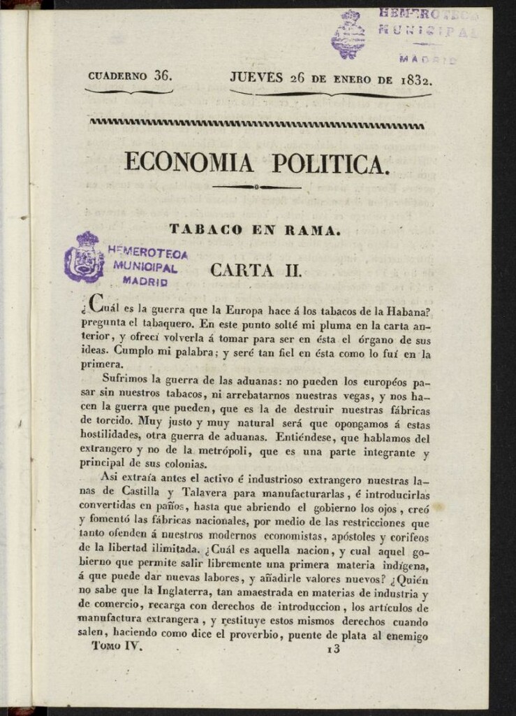 Miniatura de Cartas Españolas del 26 de enero de 1832, cuaderno 36