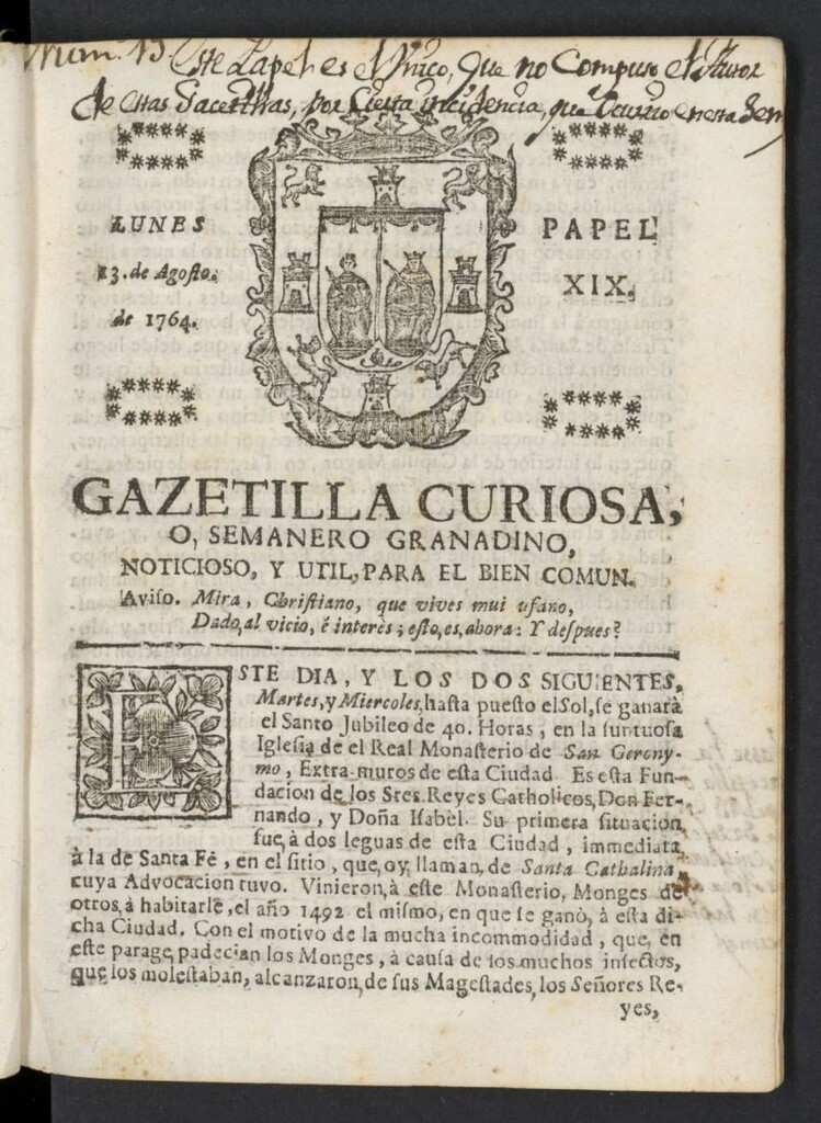 Miniatura de Gazetilla Curiosa o Semanero granadino noticioso del 13 de agosto de 1764, nº 19