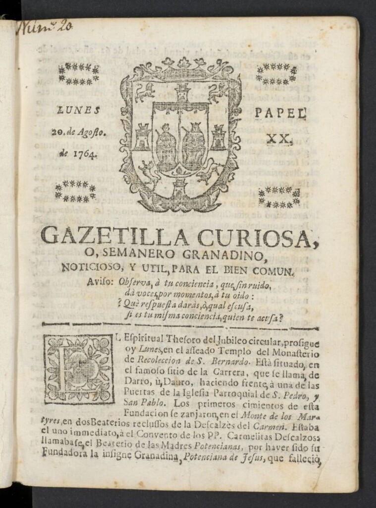 Miniatura de Gazetilla Curiosa o Semanero granadino noticioso del 20 de agosto de 1764, nº 20